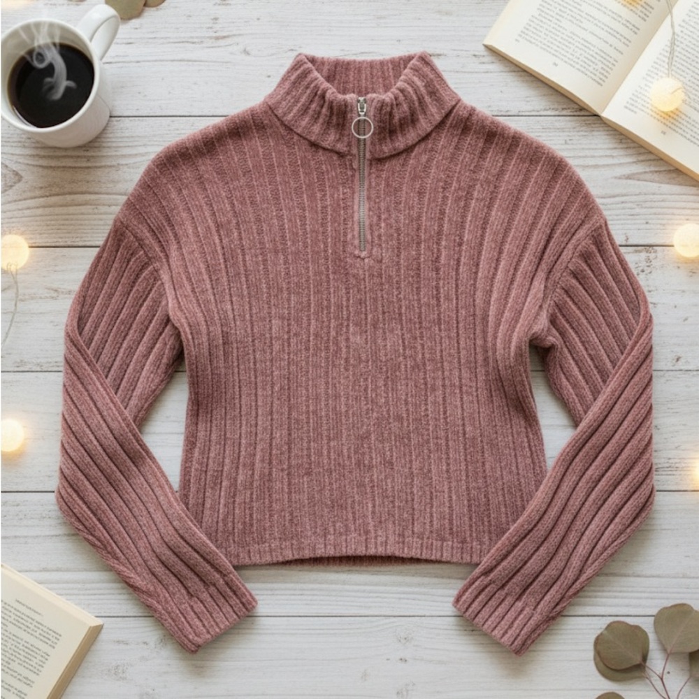 Pink Rose Ribbed Chenille Cropped Quarter-Zip Sweater Dusty Rose XS